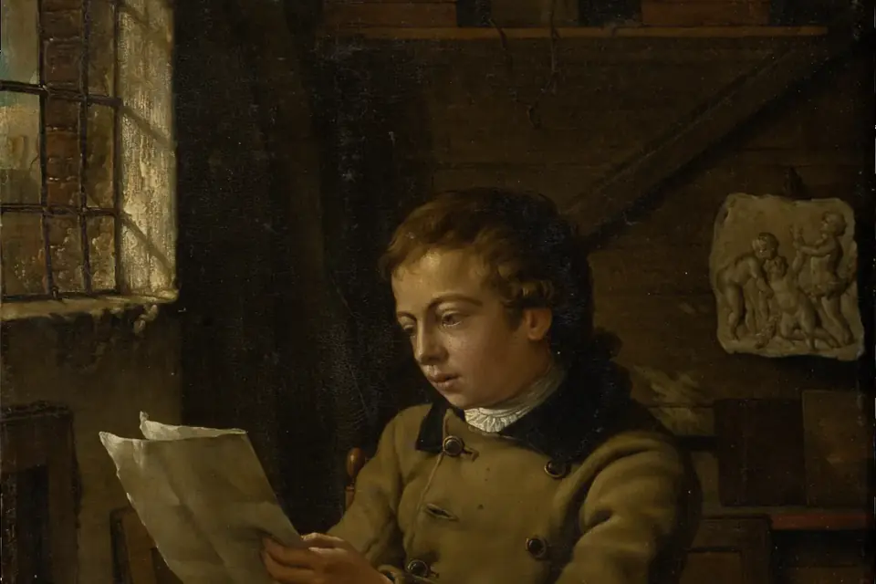 Peinture : un jeune homme assis près d'une fenêtre, dans un atelier, examine une feuille dans la lumière latérale
