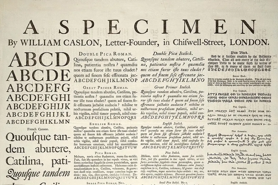 Feuille de spécimen ancienne : le même texte latin composé dans des corps décroissants, sous le titre A SPECIMEN