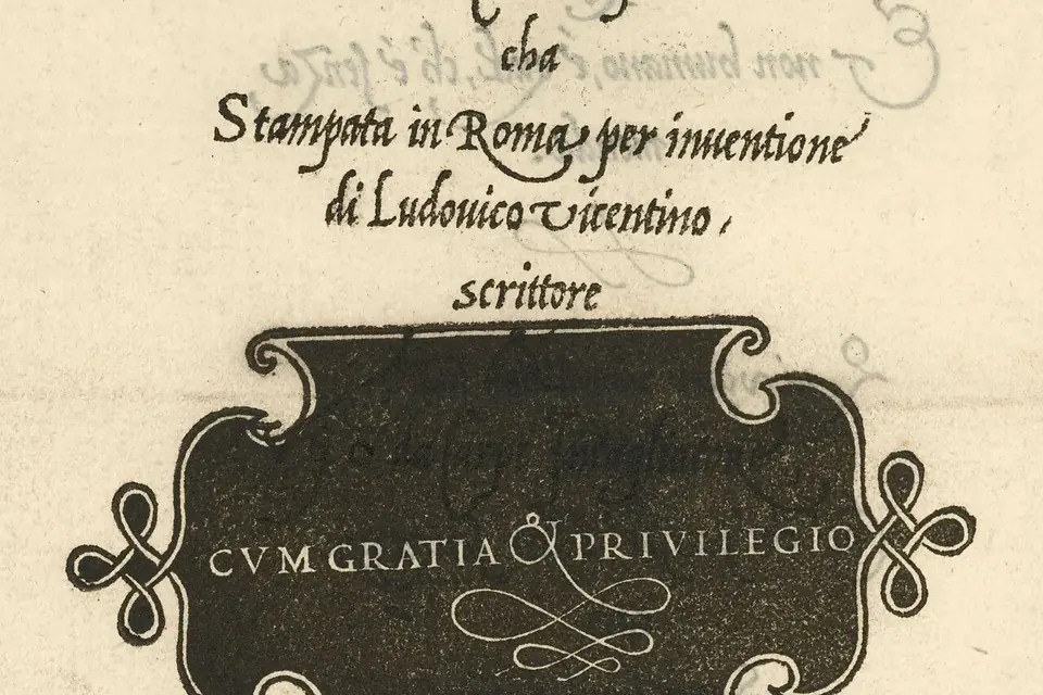 Page de titre ancienne en écriture chancelière, avec un cartouche orné portant l'inscription CVM GRATIA ET PRIVILEGIO