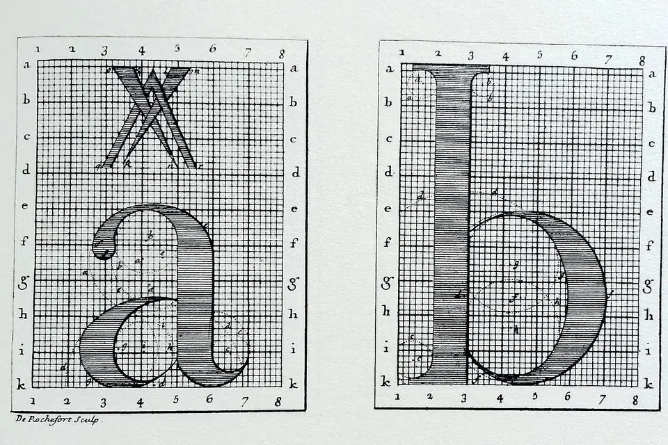 Planche gravée ancienne : les lettres a et b construites sur une grille très fine de petits carrés